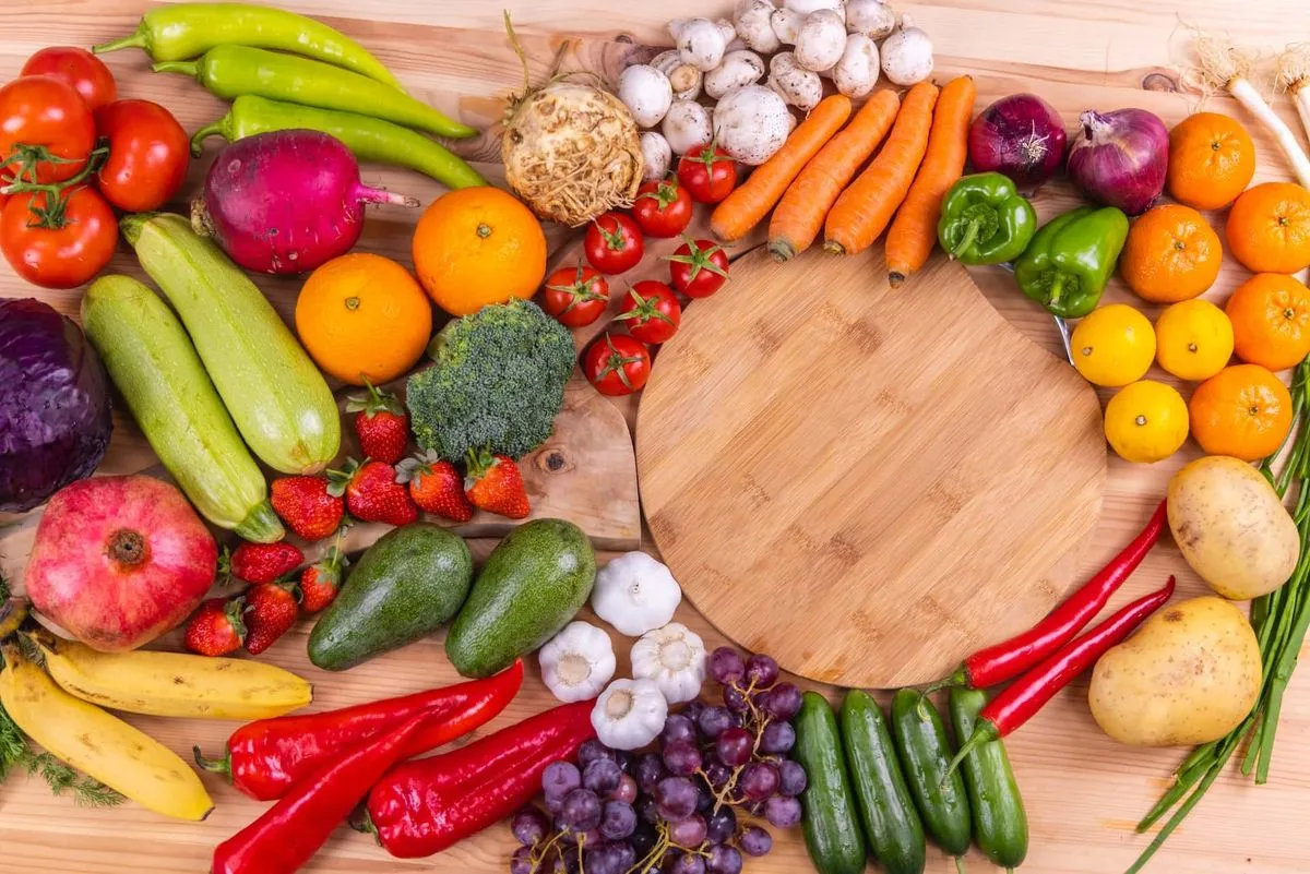 A display of various colourful fruits and vegetables full of vitamins for anxiety.